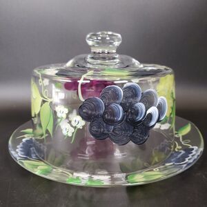 Hand Painted Glass Cheese Dome Plate Floral Grape Dessert Server